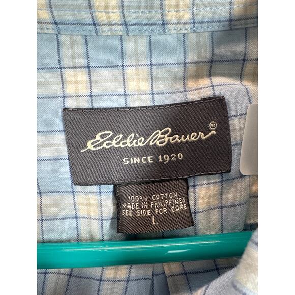 Eddie Bauer Shirt Mens Blue Check Button Up Hiking Casual Short Sleeve Sz Large - Picture 4 of 5